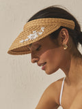 Natural raffia visor hat with floral embroidery (British brand)