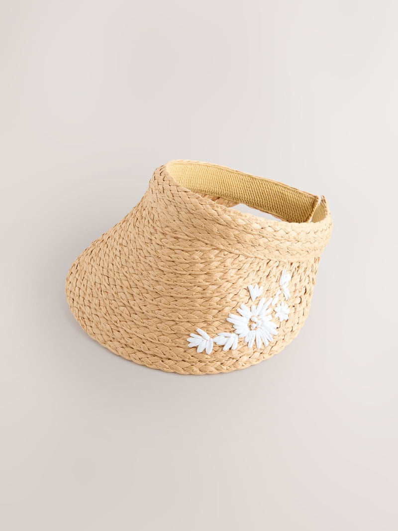 Natural raffia visor hat with floral embroidery (British brand)