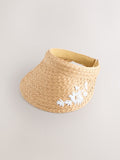 Natural raffia visor hat with floral embroidery (British brand)