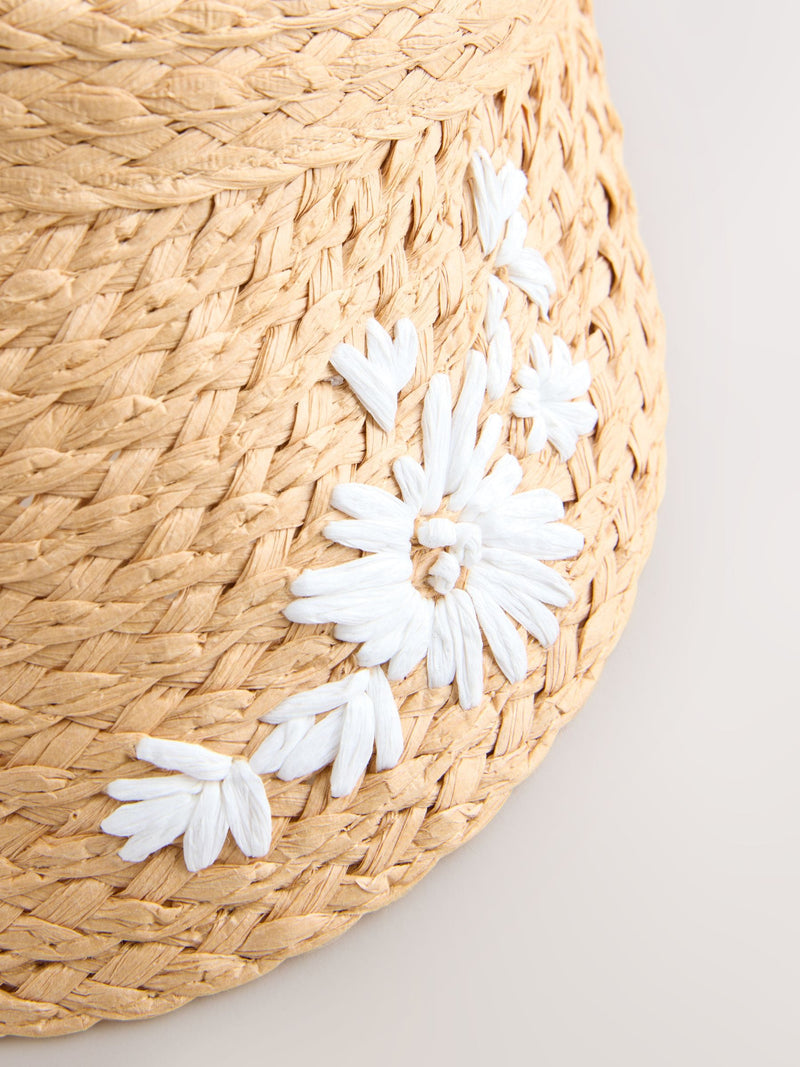 Natural raffia visor hat with floral embroidery (British brand)