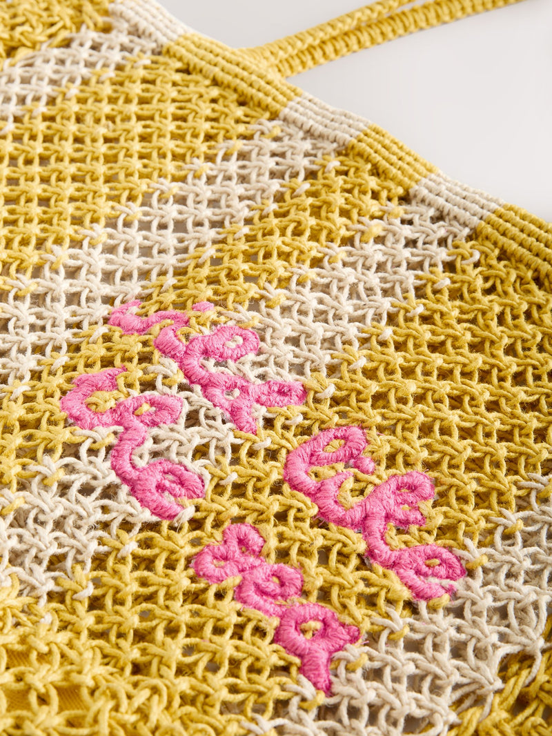Yellow crochet stripe shoulder bag 41cm (British brand)