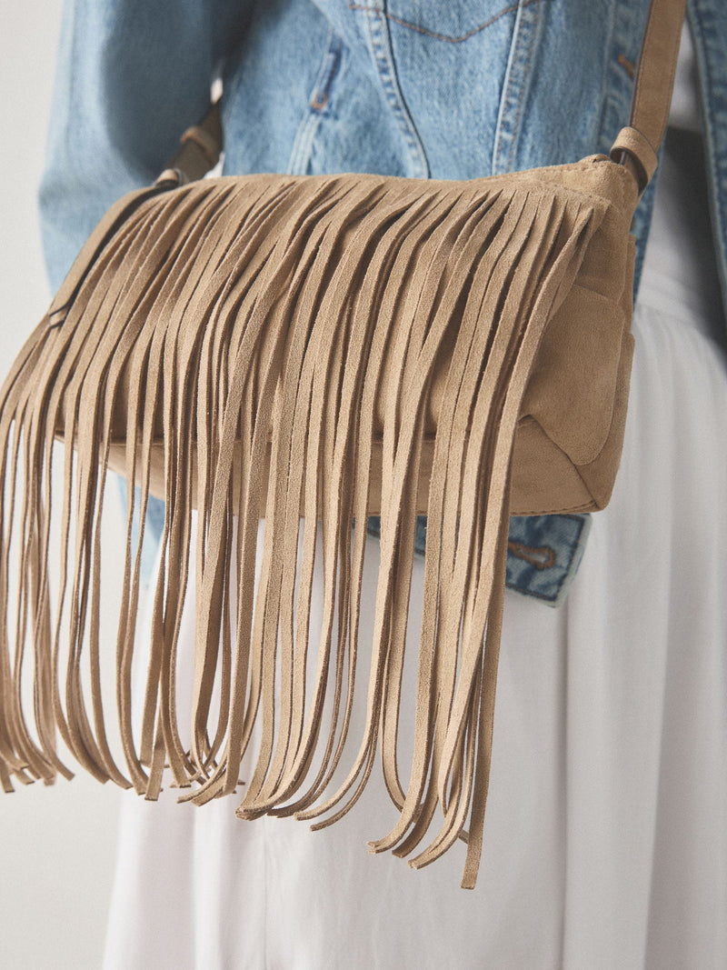 Stone suedette cross-body bag with fringe detail (British brand)