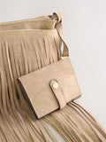Stone suedette cross-body bag with fringe detail (British brand)
