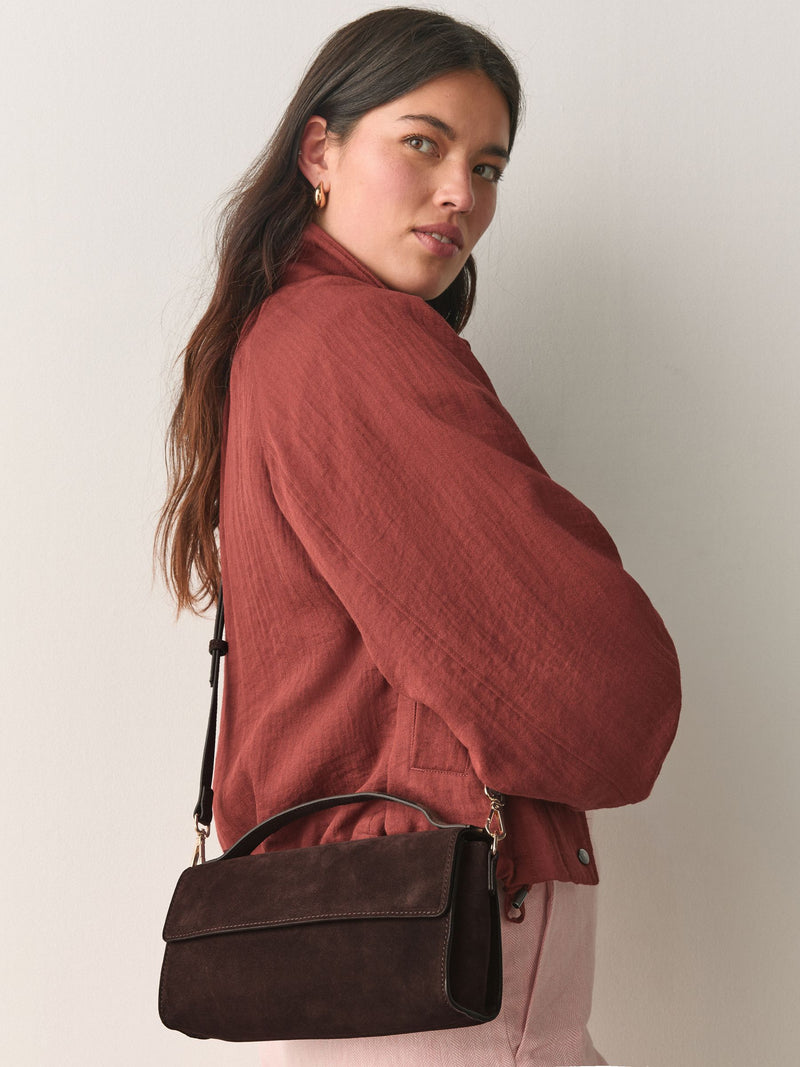 Chocolate brown leather top handle bag with suede finish - British product