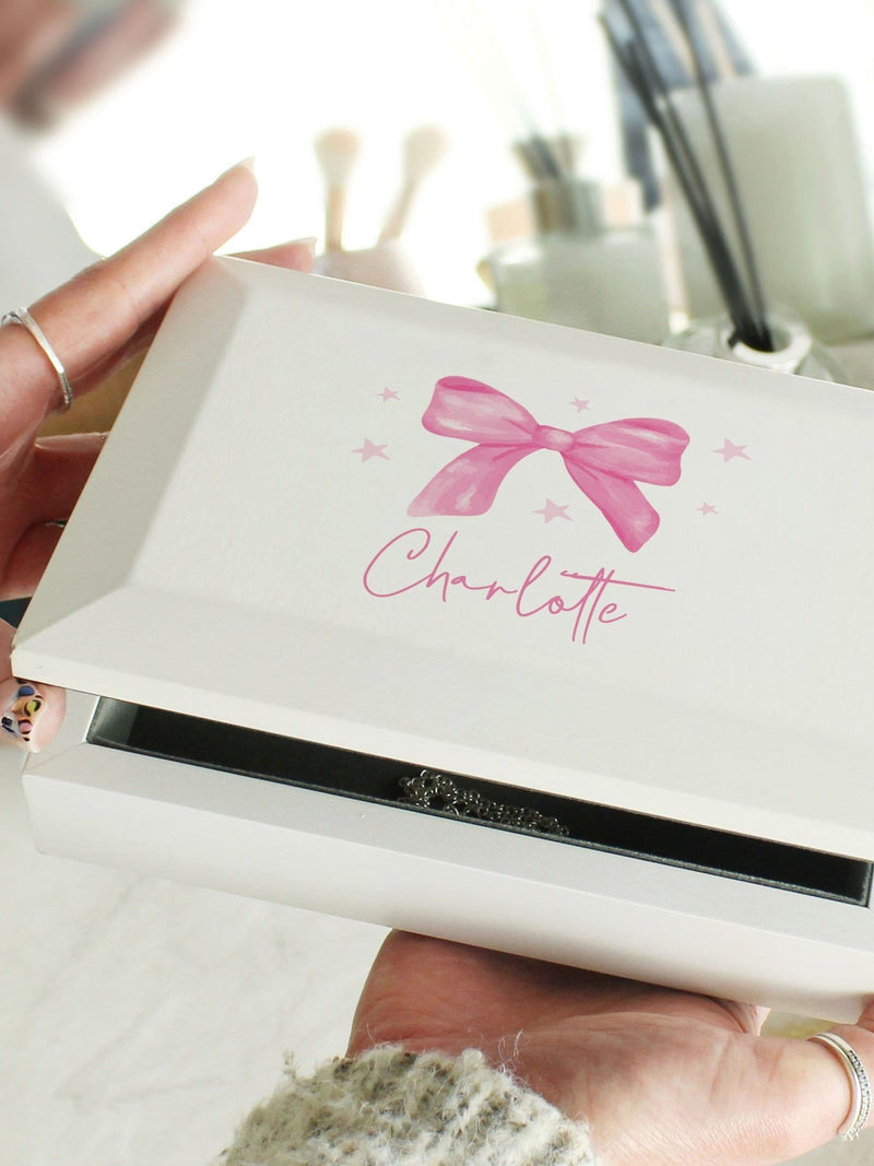 PMC personalised bow jewellery box with mirror, imported from the UK