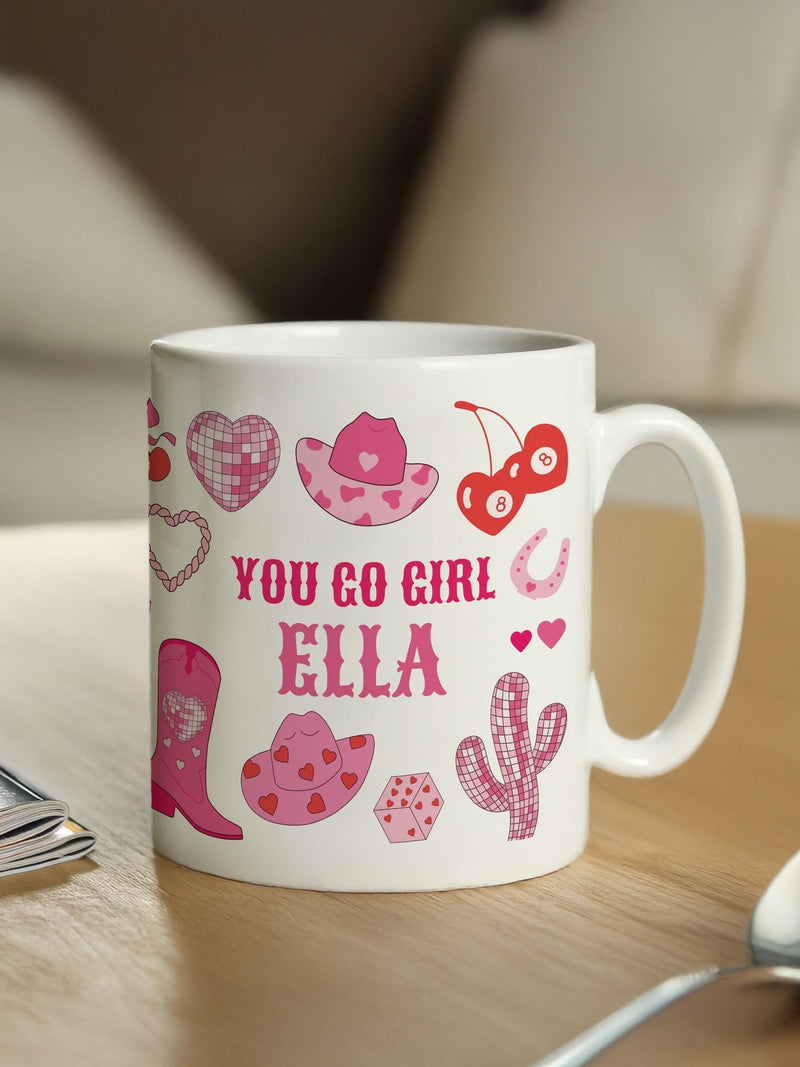 PMC personalised cowgirl ceramic pink mug (British brand)
