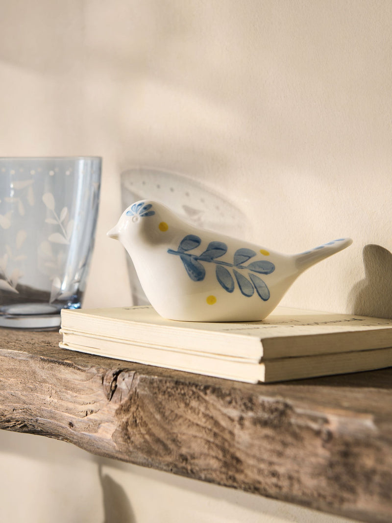 Ceramic bird ornament blue hand-painted folk art 13cm, imported from the UK