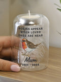 PMC Personalised Robin Memorial Glass Tealight Holder, imported from the UK