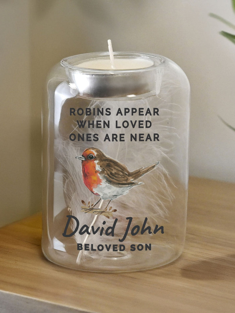 PMC Personalised Robin Memorial Glass Tealight Holder, imported from the UK
