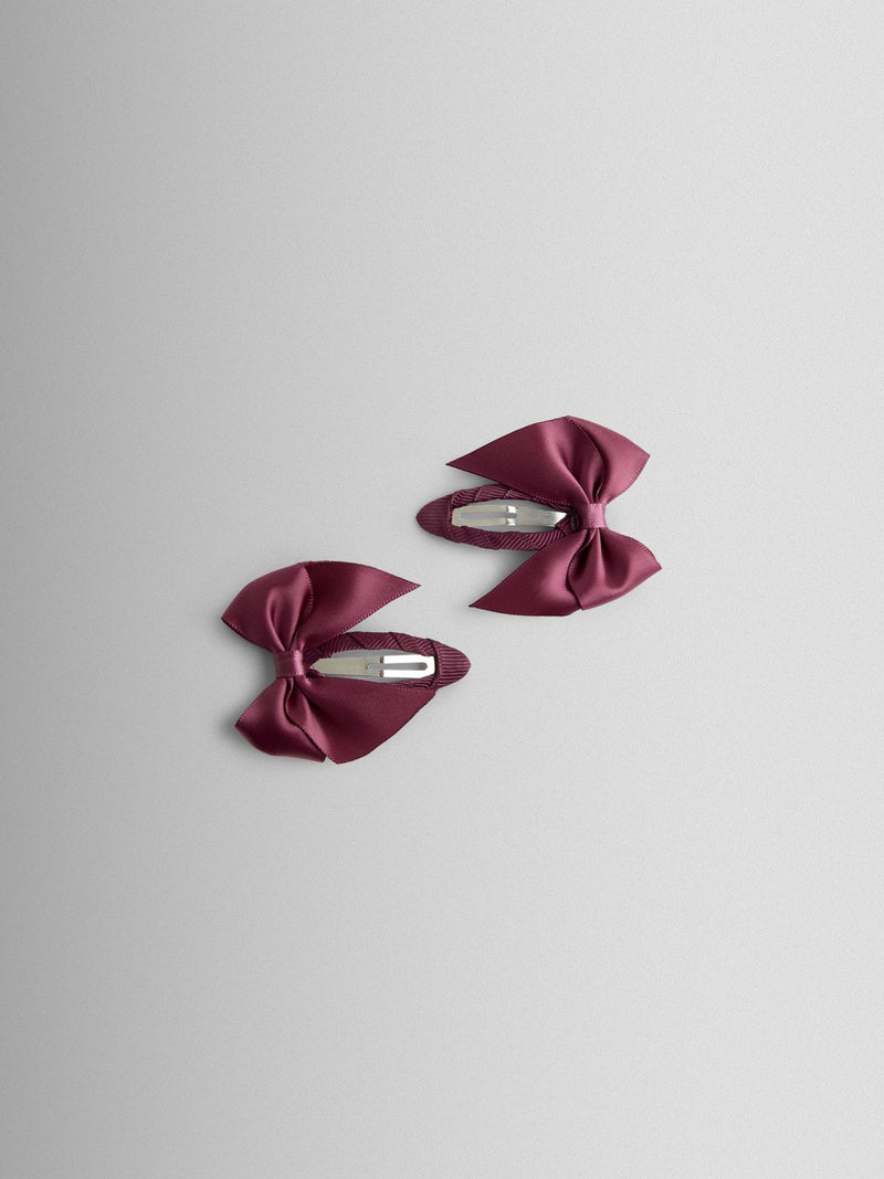 JoJo Maman Bébé burgundy satin bow clips 2 pack, imported from the UK