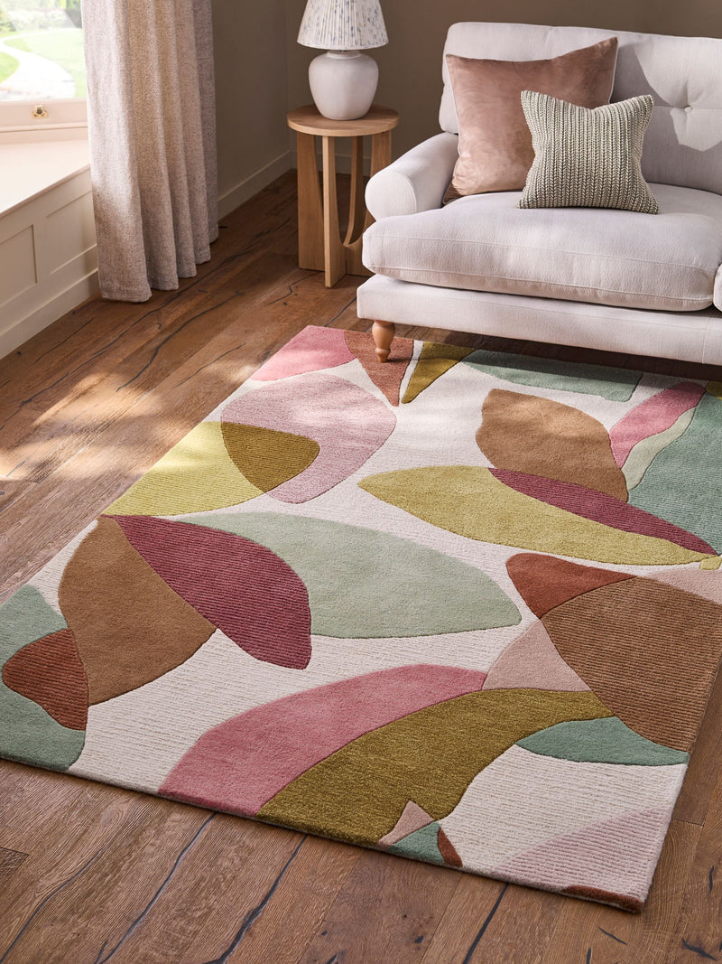 Multi abstract leaf wool rug with tufted textured finish (British brand)
