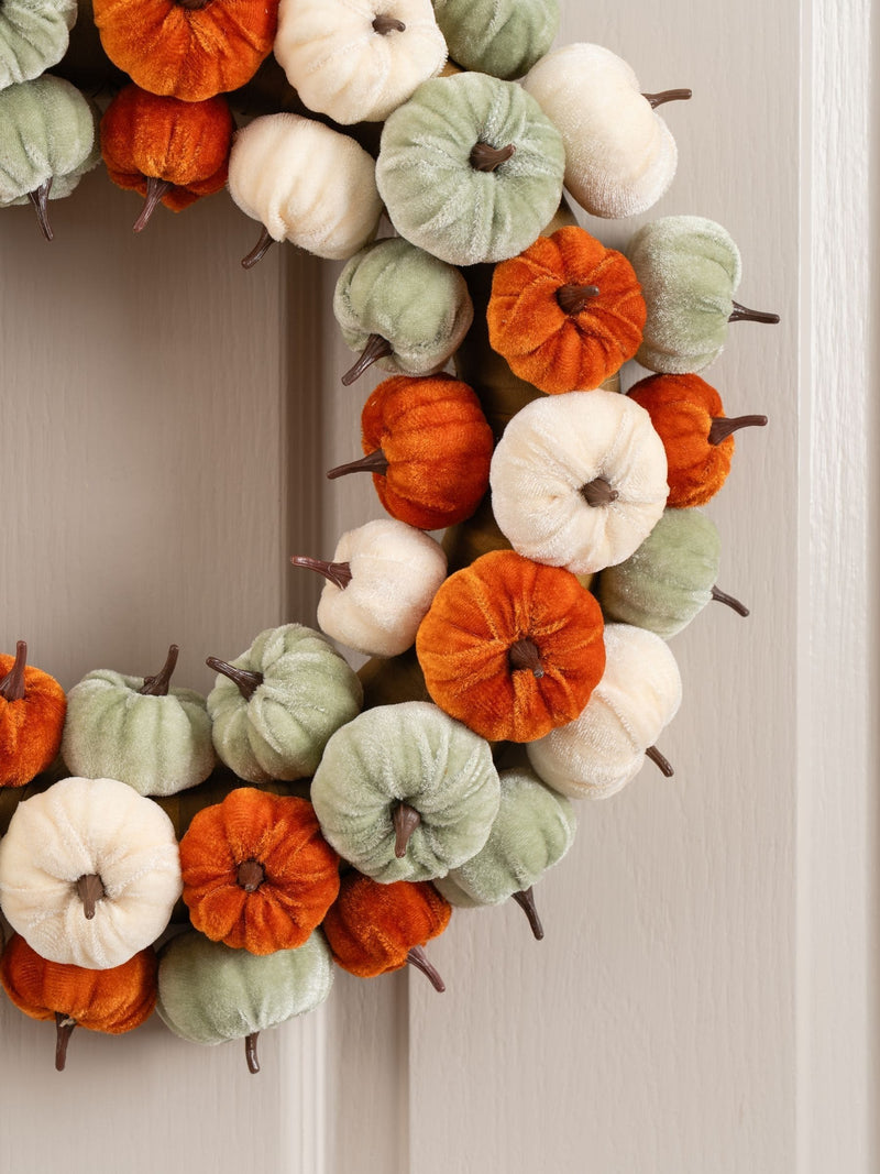 Scottish Everlastings orange velvet pumpkin wreath 43cm, imported from the UK