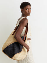 Next Reiss Navy Farrah Raffia-Effect Colour-Block Tote Bag- Buy online at McGrocer