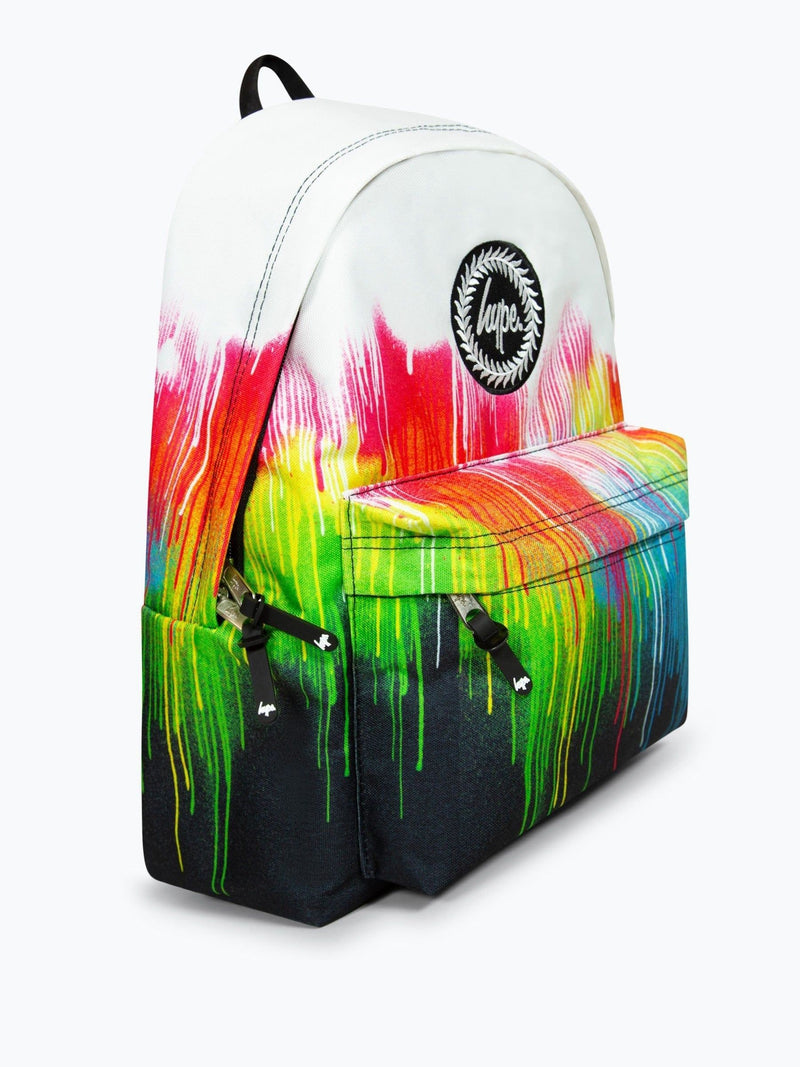 Hype White Drips backpack with multi-colour splatter design, imported from the UK