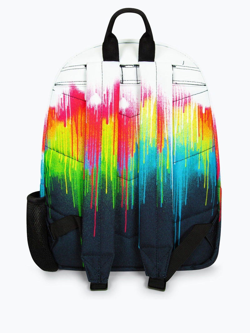 Hype White Drips backpack with multi-colour splatter design, imported from the UK