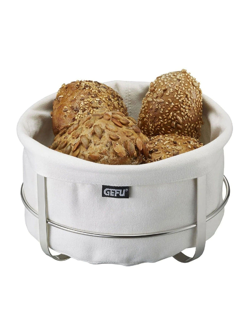 GEFU bread basket with white cotton inset and stainless steel rack, UK version