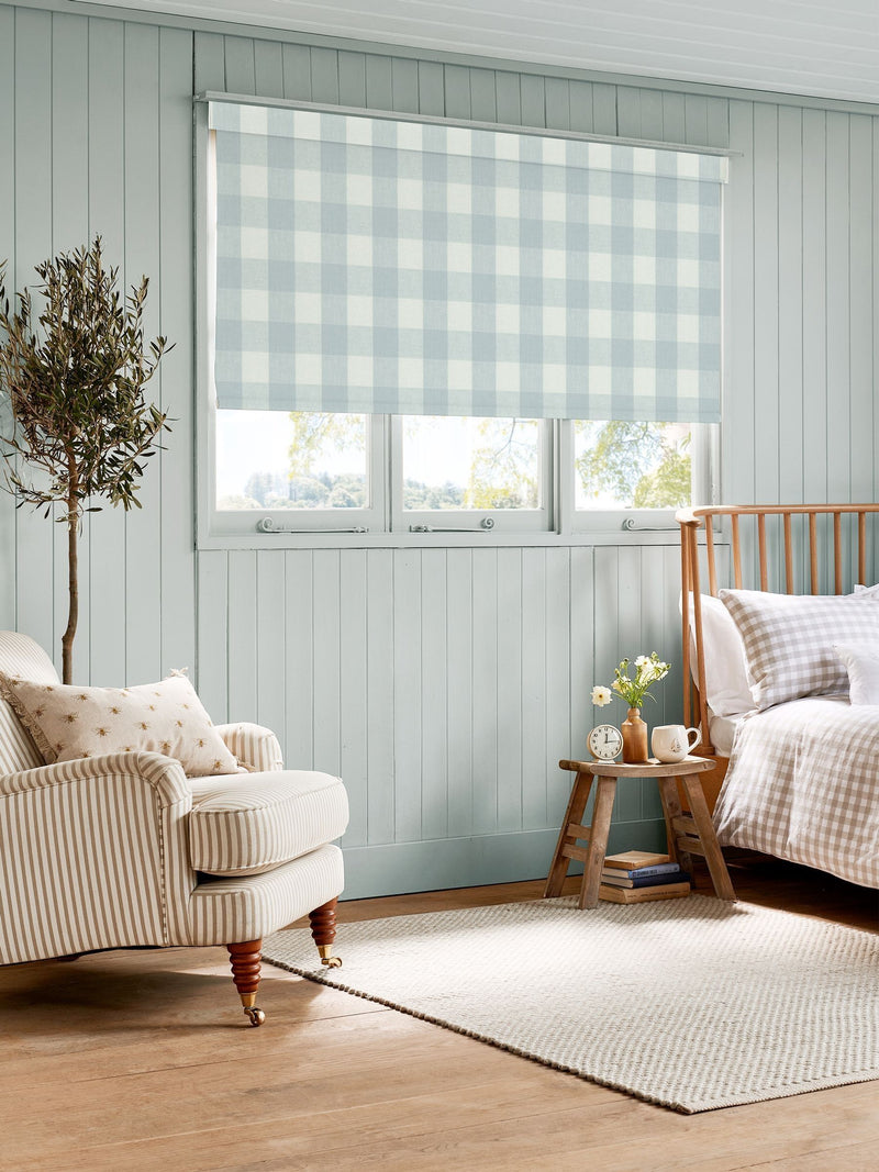 Sophie Allport pale blue gingham roller blind, imported from the UK