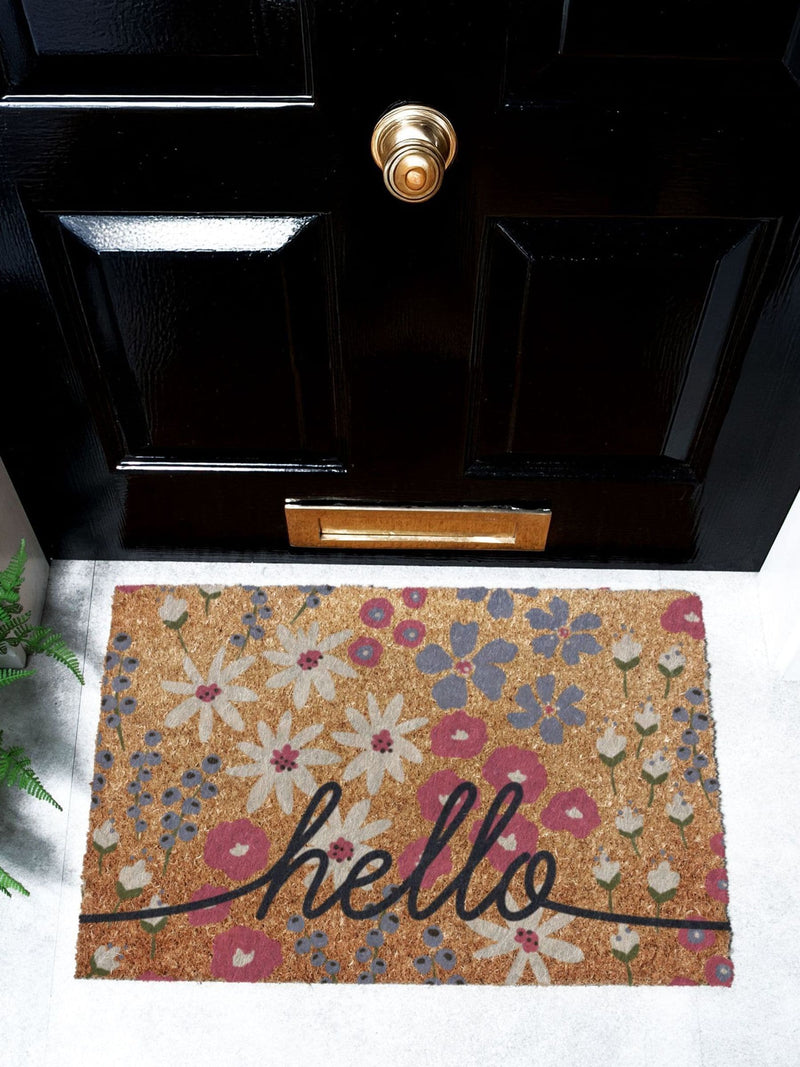 Artsy Mats Brown Hello Scribbly Floral doormat (British brand)