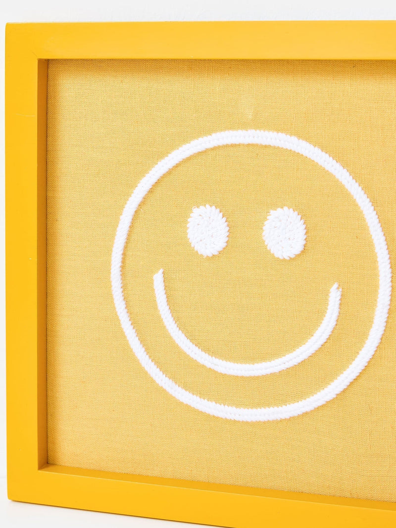 Oliver Bonas yellow embroidered happy face wall art 23cm, imported from the UK