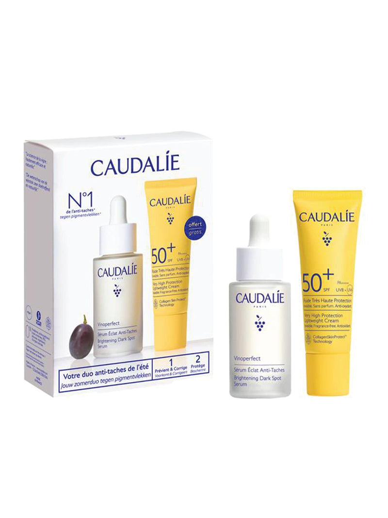 Caudalie Vinoperfect skincare gift set with serum and SPF50 - British product