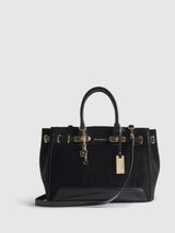 Next River Island Black Faux Suede Lock Front Tote Bag- Buy online at McGrocer