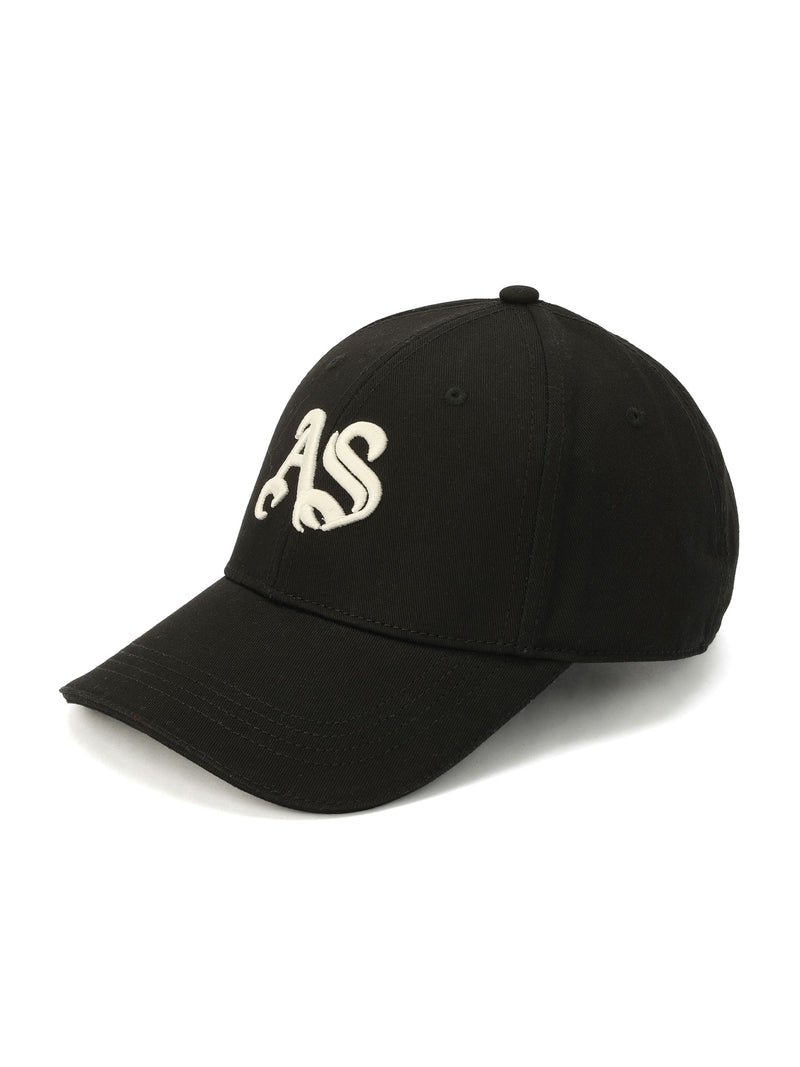 AllSaints black Gothic AS Logo baseball cap, imported from the UK
