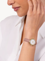 Next Radley Pale Gold Plated Stone Set Mother Of Pearl Dial Carnation Leather Strap Watch- Buy online at McGrocer