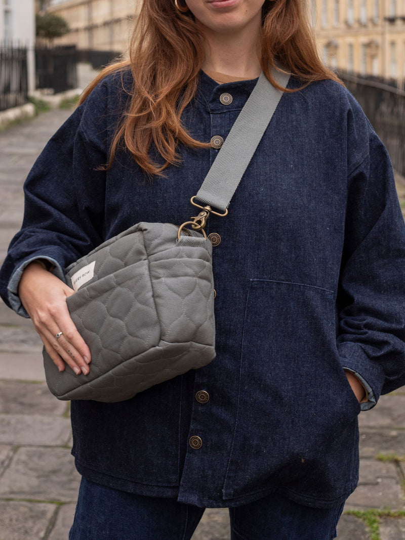 Avery Row Flint Pram Organiser Bag in denim, imported from the UK