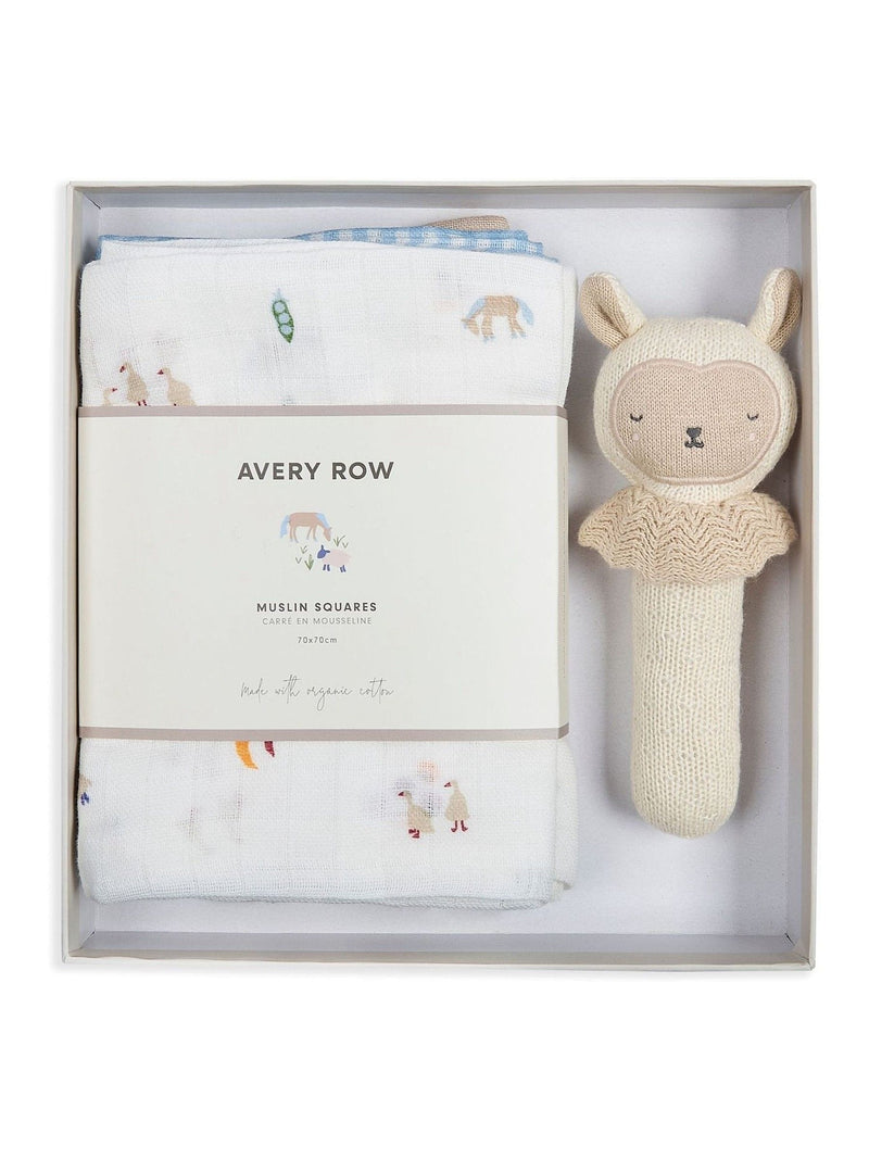 Avery Row baby gift set with rattle and muslins, UK version