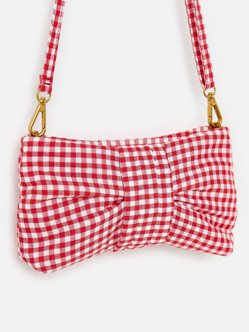 Oliver Bonas red gingham bow clutch bag with gold zip, UK version