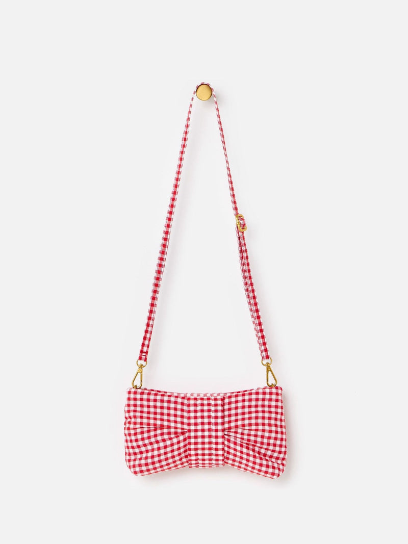 Oliver Bonas red gingham bow clutch bag with gold zip, UK version