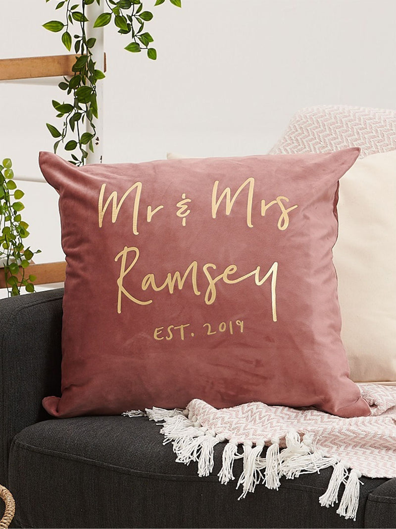 No Ordinary Gift personalised velvet cushion Mr and Mrs, imported from the UK