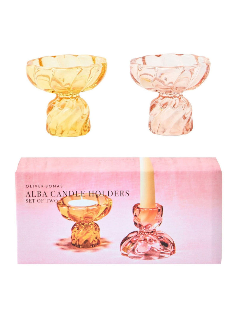 Oliver Bonas Pink Alba double-sided glass candlestick holders, set of two - British product