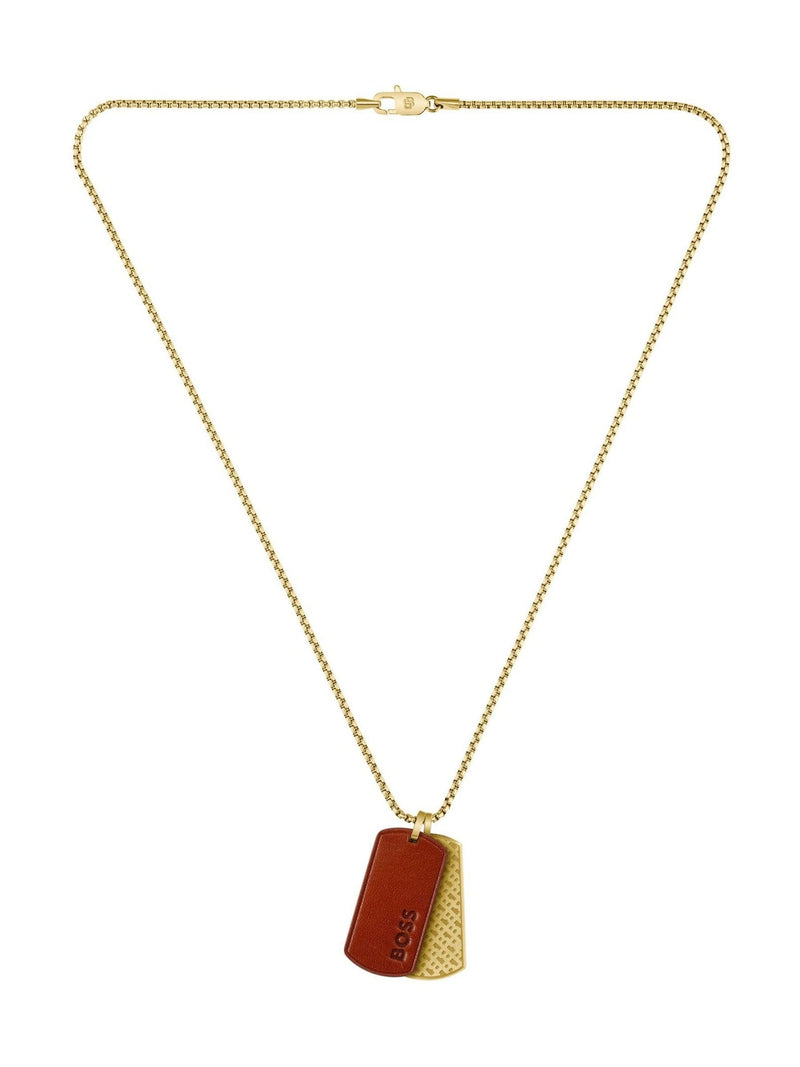 BOSS gold tone Devon IP necklace with leather tag, UK version