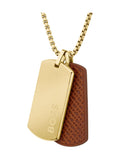 BOSS gold tone Devon IP necklace with leather tag, UK version