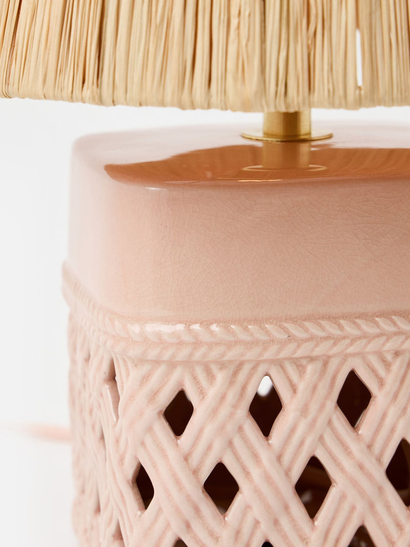 Oliver Bonas pink Savina ceramic raffia desk lamp - British product