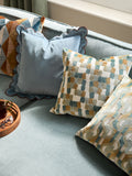Furn Green Metro Blocks velvet jacquard feather filled cushion - British product