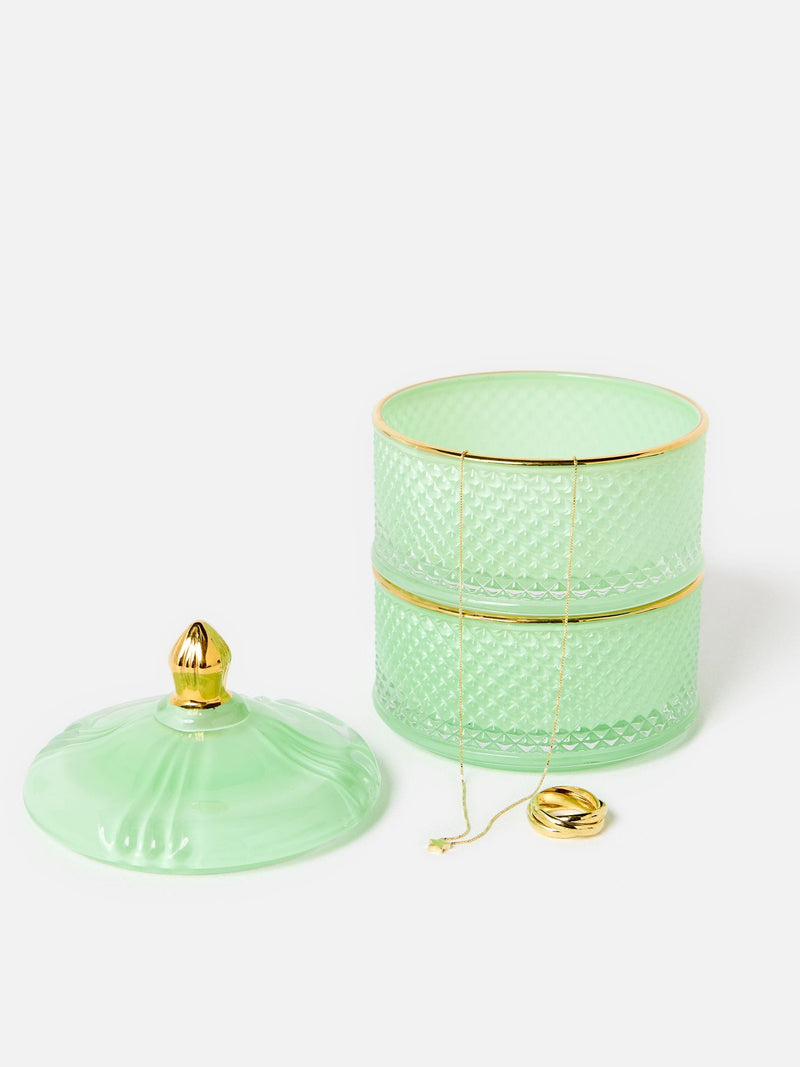 Oliver Bonas mint green glass stacking storage pot, imported from the UK