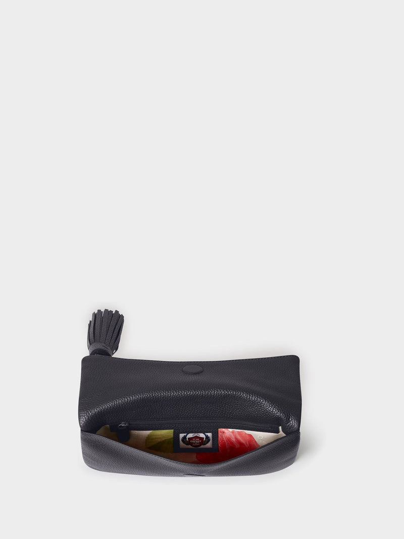 Osprey London blue Bexley grain leather clutch bag, imported from the UK
