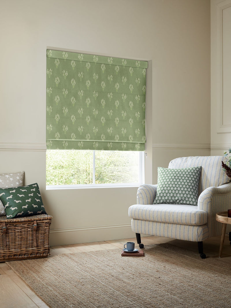 Emily Bond Hetty roman blind green grass design, UK version