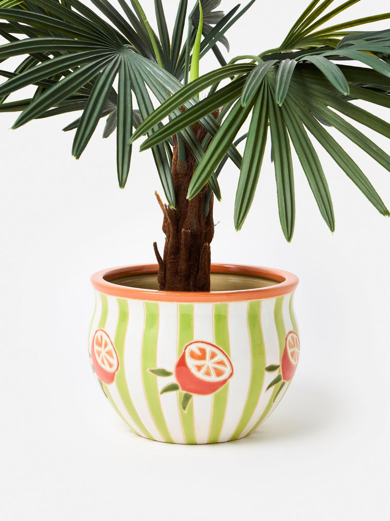 Oliver Bonas green striped orange ceramic plant pot (British brand)