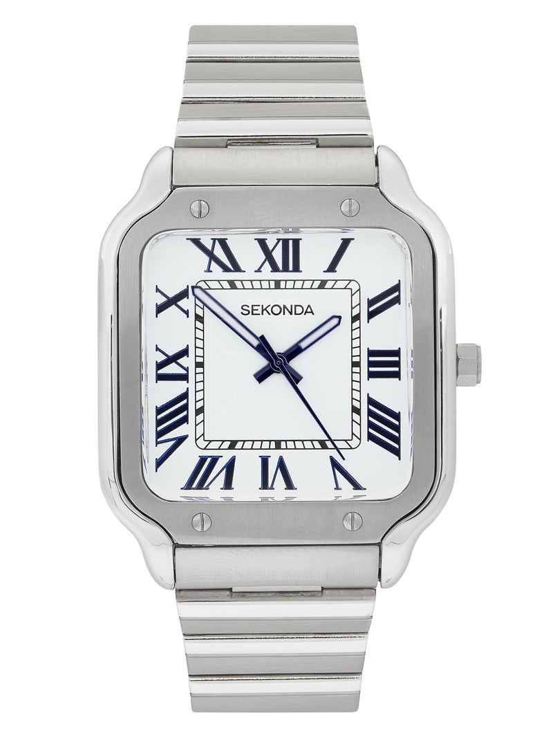 Sekonda Rene 40mm square analogue watch with silver bracelet (British brand)