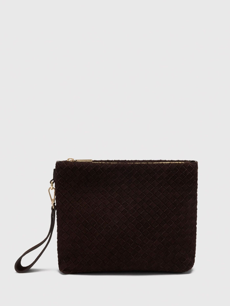 Whistles brown woven suede zip clutch (British brand)