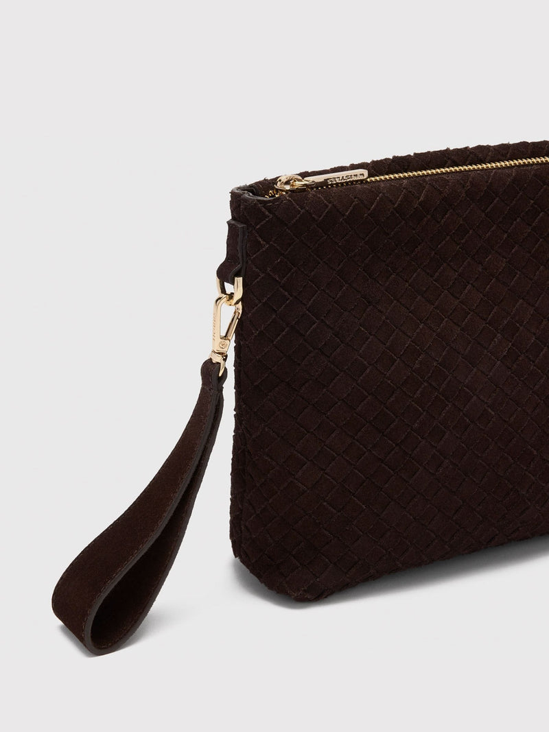 Whistles brown woven suede zip clutch (British brand)
