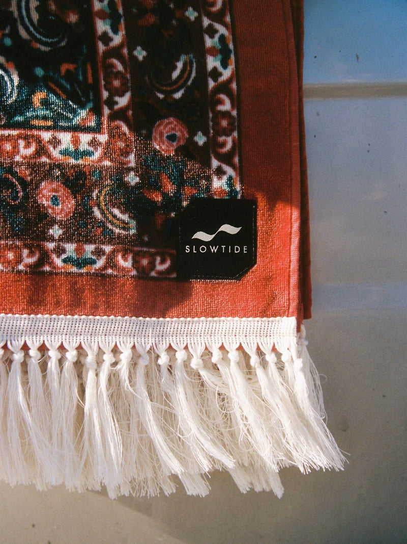 SlowTide Burgundy Haven cotton artistic beach towel, imported from the UK