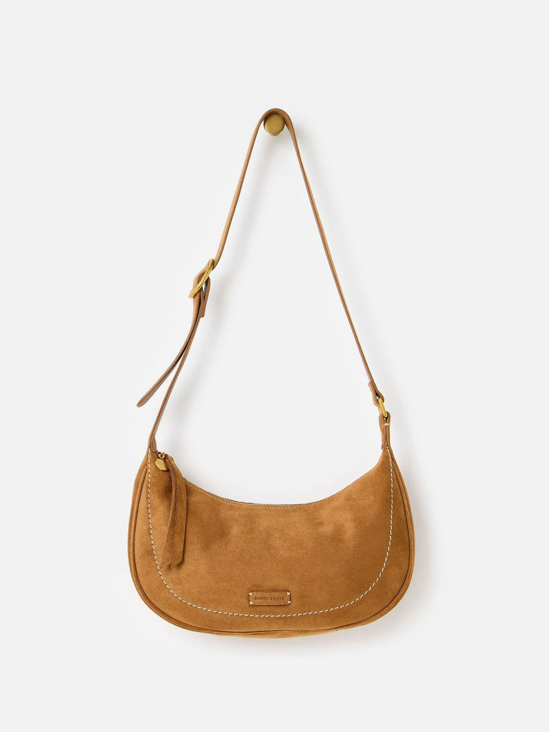 Oliver Bonas Ida tan faux suede sling crossbody bag, UK version