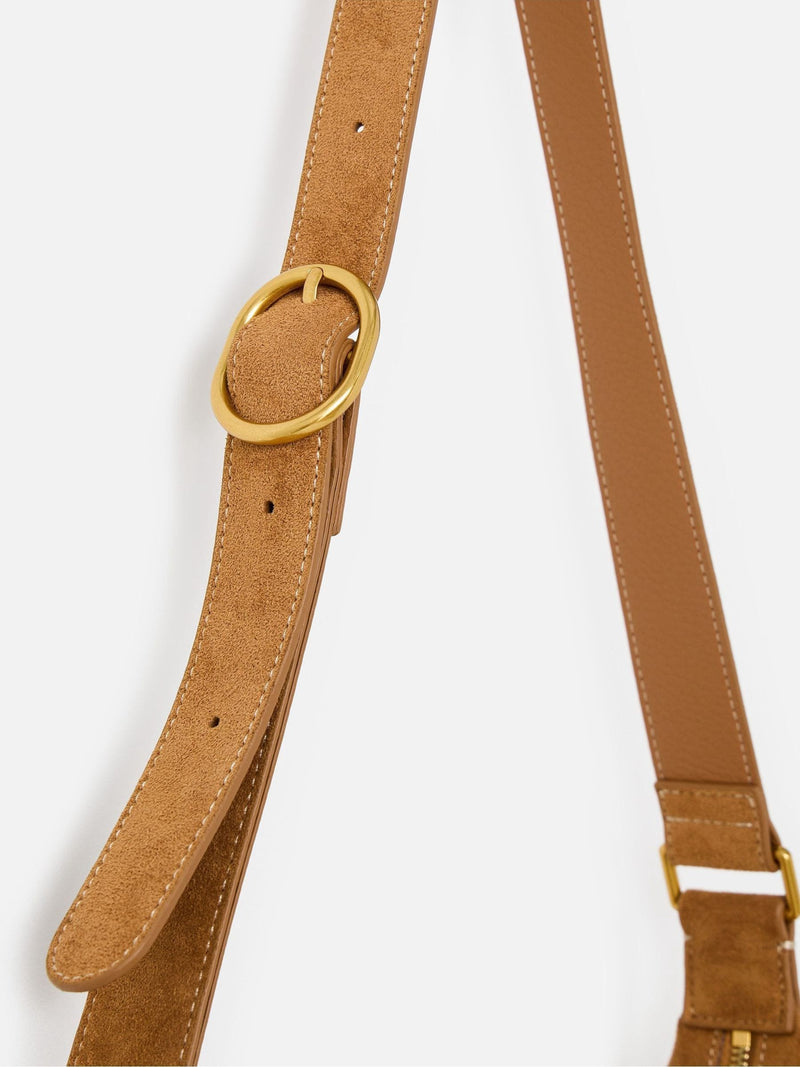 Oliver Bonas Ida tan faux suede sling crossbody bag, UK version