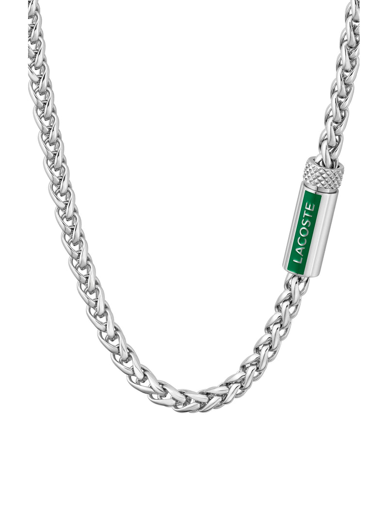 Lacoste silver tone stainless steel Spelt necklace with green logo (British brand)