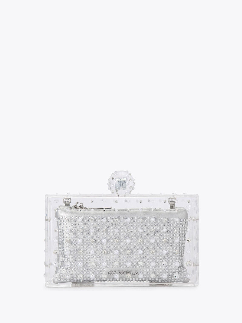 Carvela Cristallo clutch bag in silver tone with crystals, imported from the UK