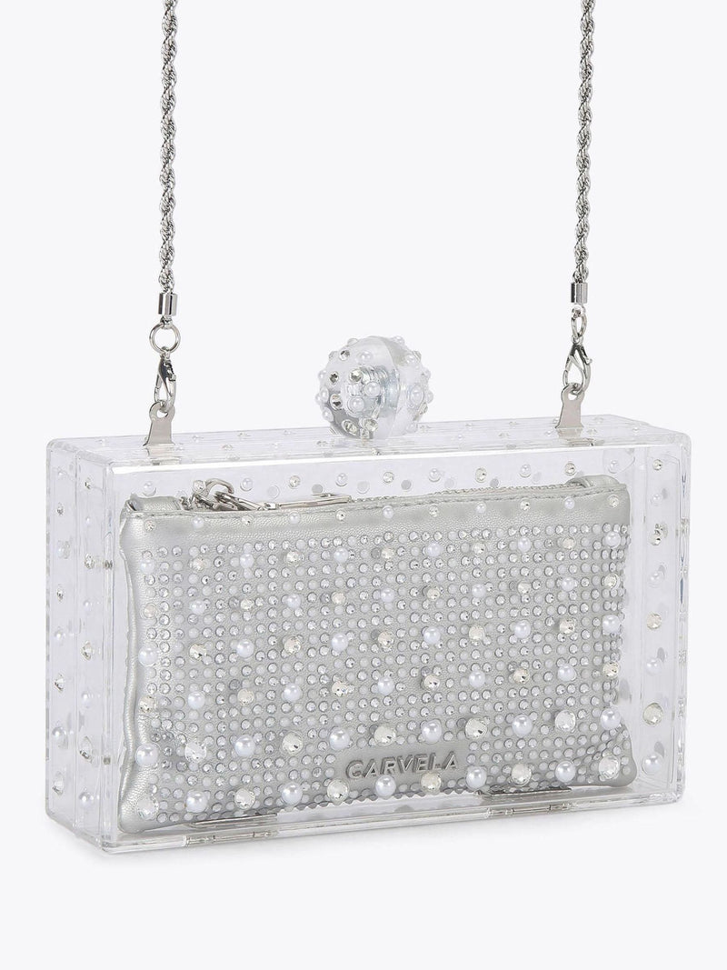 Carvela Cristallo clutch bag in silver tone with crystals, imported from the UK